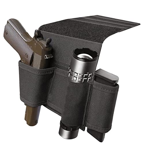 Bedside Pistol Holster, Tactical Bed Side Gun Holster, Under Mattress Handgun Holster with Flashlight Loop Holder - color: BK
