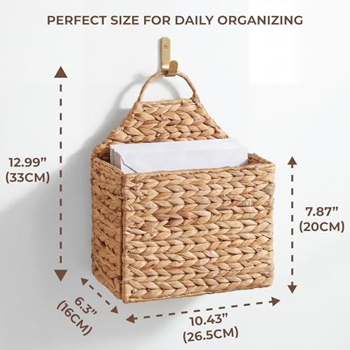 Boho Water Hyacinth Hanging Wall Basket, Flat Back Woven Storage Organizer for Mail, Books and Magazines, Decorative Wall Basket for Entryway and Farmhouse Home