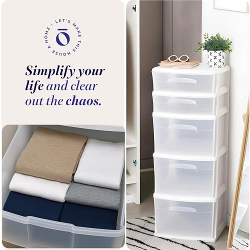 HOMZ 5-Drawer Storage Cart, Clear Plastic Drawers, 14.25" Wide Medium, White Frame - Organizing Drawer Containers for Home, Bathroom, Office, and Classroom - color: White frame with clear drawer