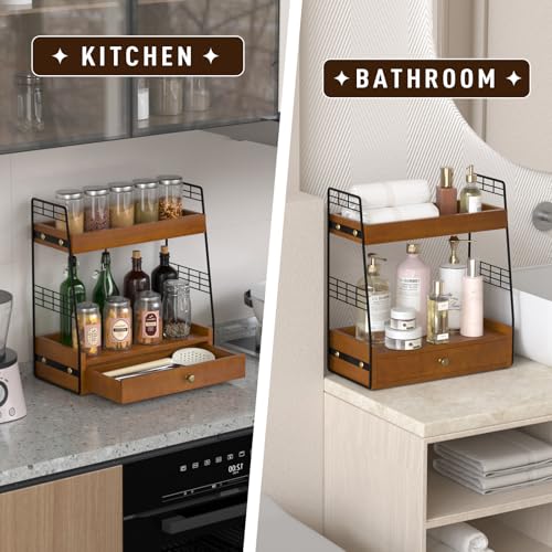 Coffee Bar Station Organizer with Built-In Drawer, 2-Tier Countertop Shelf for Tea Bags, Coffee Accessories, Syrup Bottles (Walnut) - color: Walnut