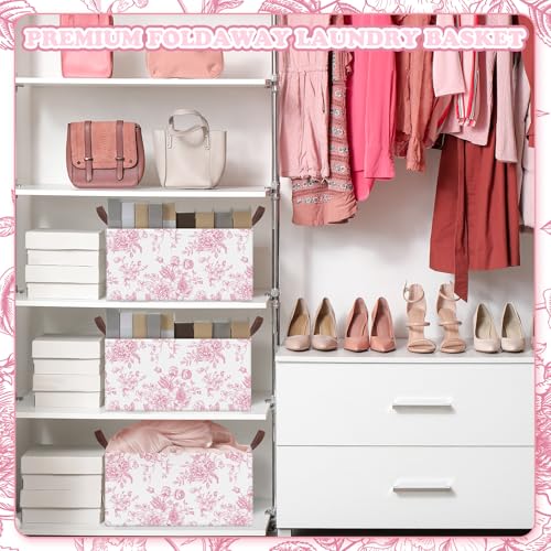 Boao 3 Pcs Pink Floral Foldable Storage Baskets Pink Hydrangea Laundry Basket with Handles Waterproof Storage Bins Fabric Shelf Baskets for Organizing Closet Clothes - style: Pink Flowers