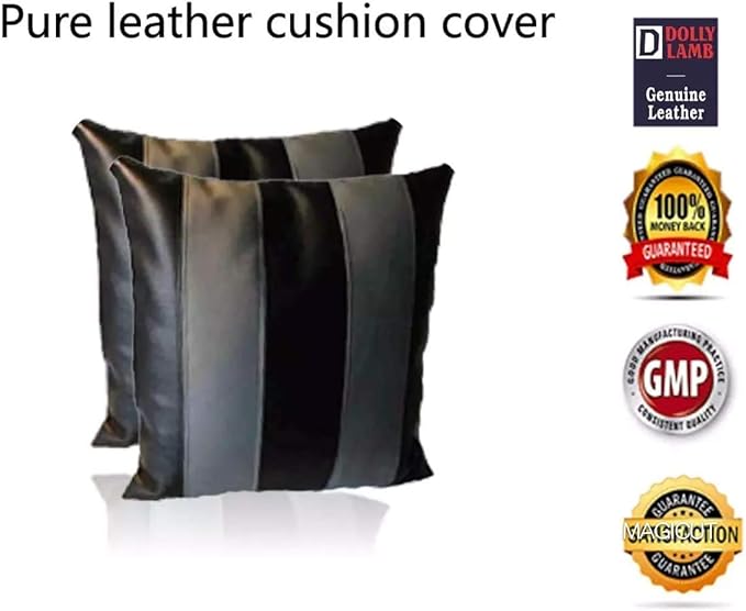 D DOLLY LAMB Lambskin Leather Pillow Cover - Sofa Cushion Case - Decorative Throw Covers for Living Room & Bedroom, 16x16 Inches - Black Grey Pack of 2