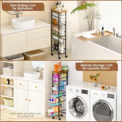 6 Tier Slim Storage Cart with Pull Out Basket, Wooden Top Rolling Kitchen Cart with Lockable Wheels, Metal Wire Fruit Vegetable Storage Basket Narrow Utility Organizer for Kitchen, Bathroom, Laundry
