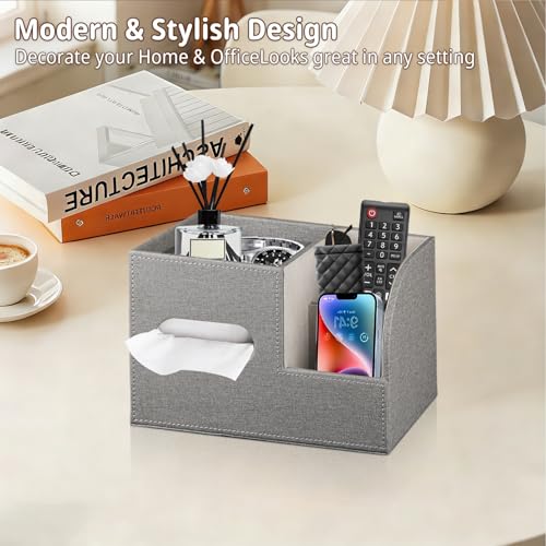 Leather Square Tissue Box Cover with Storage Tray,Cube Tissue Box Holder,Modern Facial Paper Organizer with Remote Control Holder for Bathroom,Vanity Countertop,End Table NightStand Home Office.Grey - color: Grey