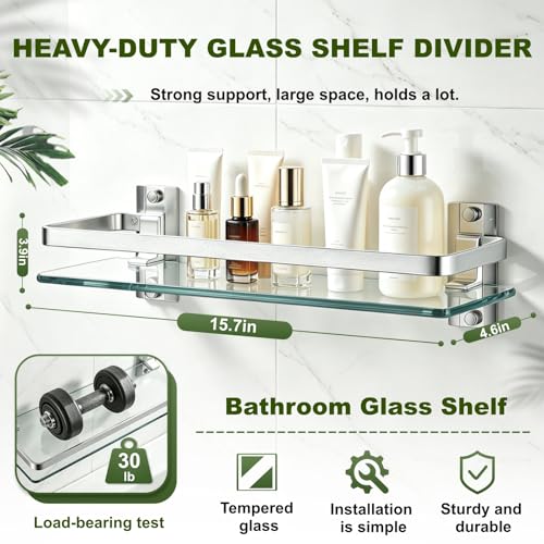 AIJALY 3 Pack Bathroom Glass Shelf,Aluminum Tempered Glass 0.3in Extra Thick Rectangular 1 Tier Storage Organizer Wall Mount,Silver 15.7in - color: Silver 3 Pack