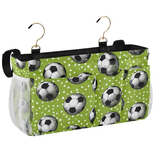 Bedside Caddy Hanging Bunk Bed Caddy Bed Organizer Hanging Pocket with 2 Hooks Bedside Storage Organizer Pocket Bag Holder Deep Green Soccer Balls Dots - color: Deep Green Soccer Balls Dots