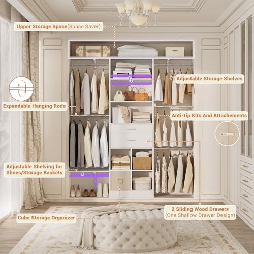 5FT Closet Organizer System with Wooden Drawers, 60 Inches Walk In Closet System With 5 Hanging Rods, Can Fit 1.58 to 6.8 FT with Reversible Hanging Shelving, White - color: White, size: 5FT
