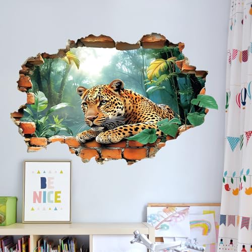 3D Broken Tiger Wall Decal Break Through Jungle Animals Wall Sticker Removable Tropical Rainforest Wall Art Forest Plants Peel and Stick Wallpaper for Kids Boys Bedroom Nursery Home Decoration B16018