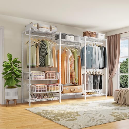 VIPEK V10 Wire Garment Rack 5-Tiers Heavy Duty Clothes Rack Large Size Clothing Rack with 4 Hanging Rods, 6 Wire Shelves and 2 Slid Baskets, 68.9" W x 15.7" D x 76.4" H, Max Load 920 LBS, White - color: White