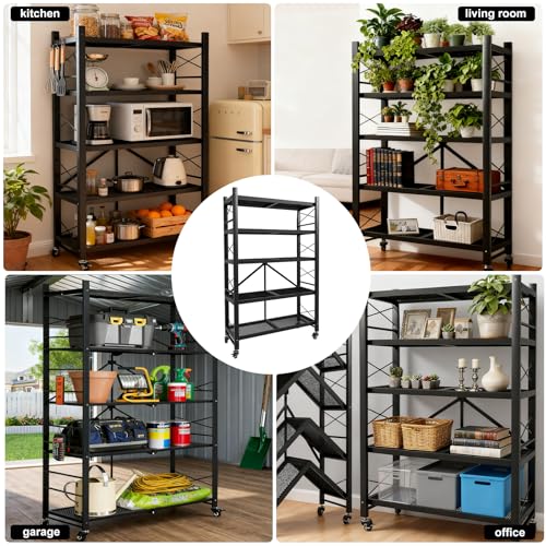 Grezone Foldable Shelves 5 Tier Heavy Duty Metal Storage Shelves with Wheels - No Assembly Collapsible Shelving Unit for Kitchen Garage Hold up to 1250 lbs - size: 39‘’W x 13.9''D x 62.9''H