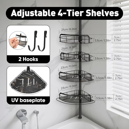 BlumWay Corner Shower Caddy Tension Pole, 4-Tier Adjustable Shower Organizer Shelves, Rustproof Bathroom Shower Organizer Corner Shelf for Bathtub Shampoo Storage, 32 to 116.5 Inch Height