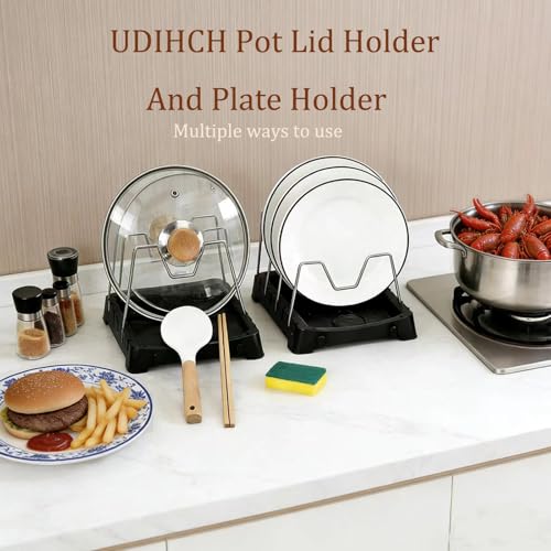 Adjustable Pot Lid Holder with Drip Tray, 2 in 1 Pot Lid Organizer & Spoon Rest, Stainless Steel Lid Holder for Countertop & Cabinet While Cooking, Space Saving Kitchen Pot Cover Rack, Easy Clean
