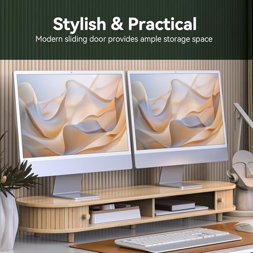 Bamboo Dual Monitor Stand with Storage, Curved Double Computer Laptop Stand Desk Shelf Organizer with Sliding Doors (42 inch) - size: 42 inch