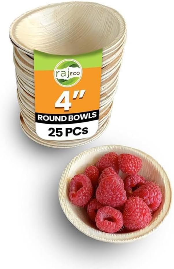 Raj Disposable Palm Leaf Bowls (25 Count, 4" Bowls) Strong Bowl Like Bamboo Party Bowl - Decorative Compostable Tableware for Lunch, Dinner, Birthday, Camping, Outdoor, Picnic, Parties