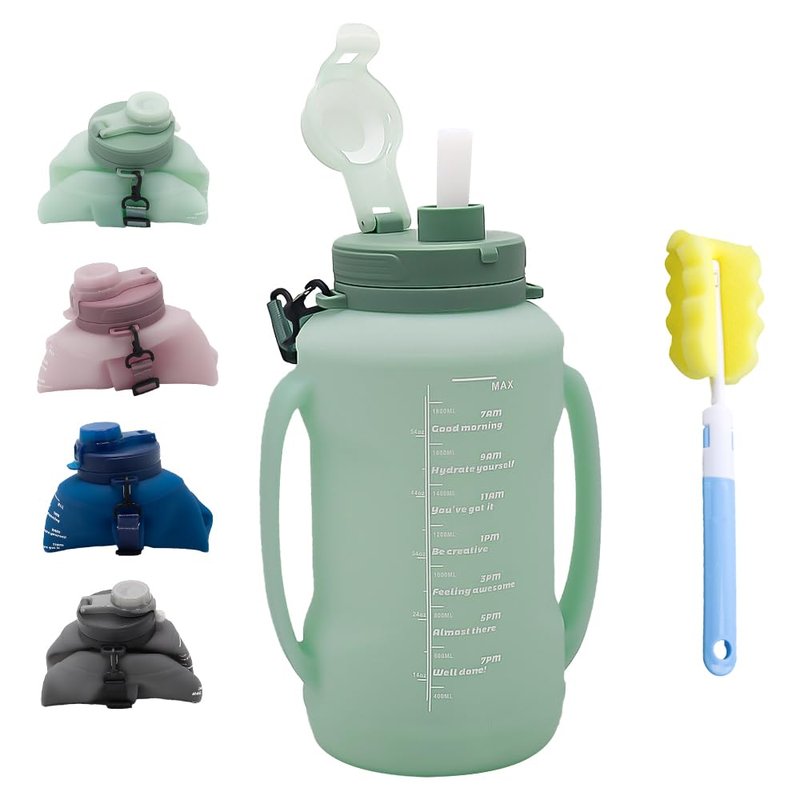 LELExilan 64oz Foldable Silicone Water Bottle with Straw, BPA-Free Motivational Time Marker, Leakproof Collapsible Water Jug with Handle for Gym, Sports, Camping & Outdoor Activities (Green)
