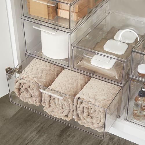 mDesign Plastic Stackable Bathroom Storage Organizer Bin Containers with Front Pull Drawer for Bathroom Countertop, Vanity, Closet Shelves - Holder for Accessories - Lumiere Collection, 2 Pack, Clear - size: 16 x 12 x 6 (Pack of 2)