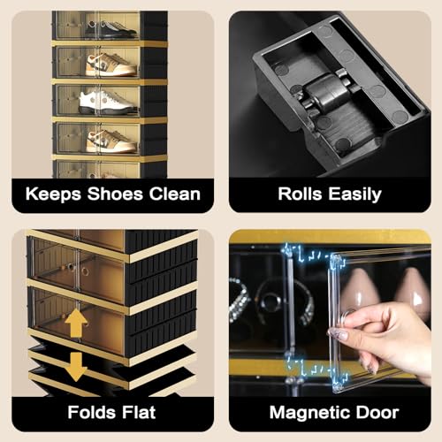 SYNCVIBE Shoe Rack Organizer for Closet Entryway Foldable Sneaker Storage Shoe, Collapsible Shoe Cabinet, Stackable Shoe Storage Cabinet with Lids for Living Room (9 Tiers -18 Pairs Black Gold) - size: 9 Tiers -18 Pairs Black Gold
