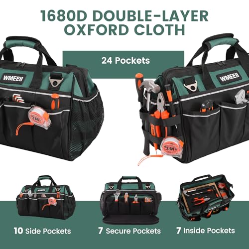 17 in Heavy Duty Tool Bag, 24-Pocket Empty Portable Tool Bags,1680D Thickened Oxford Cloth Tool Bag Organizer,Soft Handle Large Zipper Toolbag for HVAC Craftsman Contractor Carpenter
