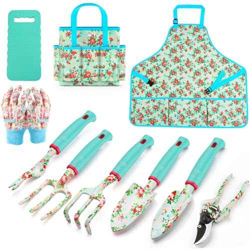 Garden Tools Set, JUMPHIGH 10 PCS Heavy Duty Gardening Tools Includes Hand Trowel Rake Weeder Pruner, Gardening Gifts for Women, Garden Kit with Tote Bag, Apron, Gloves, Kneeling Pad