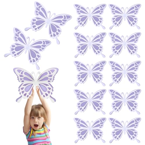 12 Pcs Large Butterfly Party Decoration 3D Butterfly Wall Decor, 2 Sizes Big Paper Butterfly Cutouts Stickers for Birthday Party Baby Shower Bedroom Wedding, Silver and Purple