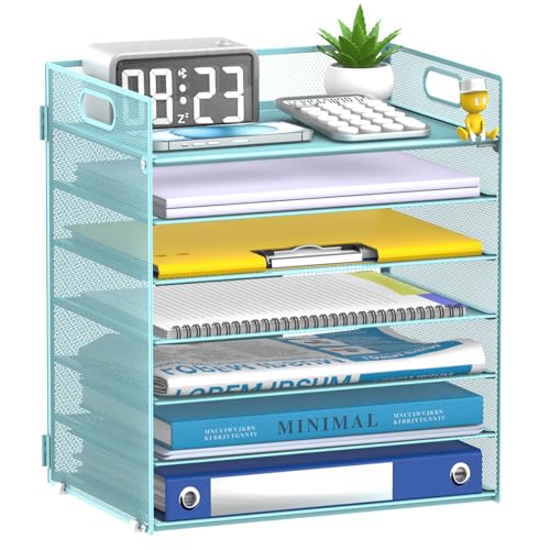 7 Tier Paper Organizer - Mesh Desktop File Holder with Handles for Office School Desk, Black (Blue) - color: Blue