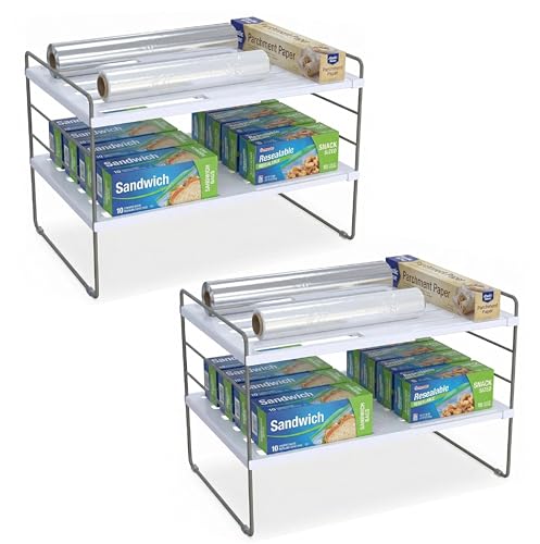 YAN & HIN 2 Pack Expandable Cabinet Organizer Shelf, 3-Tier Kitchen Cabinet Organizer for Tupperware & Food Container Storage, Adjustable Pantry Shelf Organizer for Bottles, Lids & Countertop - size: Set of 2