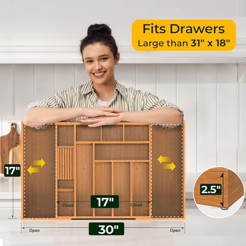 keechee Carbonized Large Bamboo Kitchen Drawer Organizer, 12 Slots Expandable Silverware Organizer, Utensil Holder & Cutlery Tray, 2.5" Deep for Extra Capacity, Non-Slip Feet Included - size: 12 Slots（Large & Expandable）