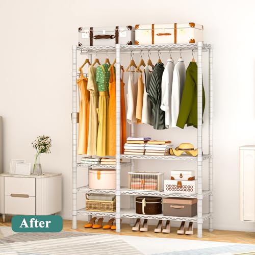 Heavy Duty Garment Rack, Metal Freestanding Closet Wardrobe Clothes Racks for Hanging Clothes, 4 Tiers Adjustable Wire Shelving, 44.9'' L x 16.5'' W x 76.8 '' H, Max Load 850LBS, White - color: White, size: A3: 5 Tiers with 1 Rods,44.9"L x 16.5"W x 76.8"H