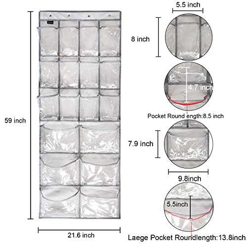 Extra Large Hanging Crystal Clear Over Door Shoe Organizer, Closet Shoe Rack with 12+6 Pockets, 8 Hooks, Grey (59"x 21.6") - color: A-grey&Clear