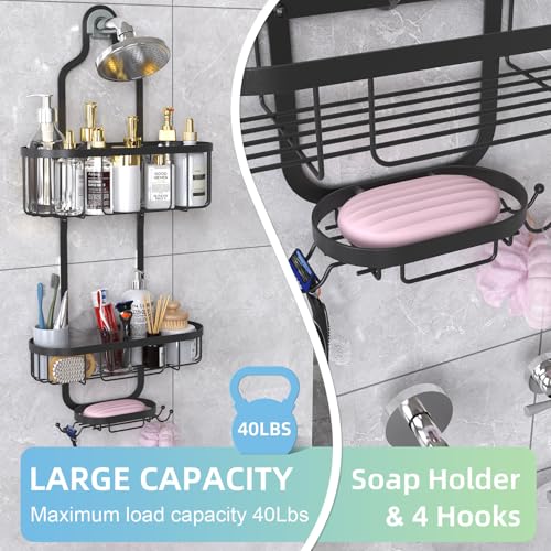 Kadolina Shower Caddy Hanging, Bathroom Shower Rack, Bathroom Organizer with Soap Dish, Over The Showerhead Caddy with Hooks for Razor/Sponge, Black - color: Black