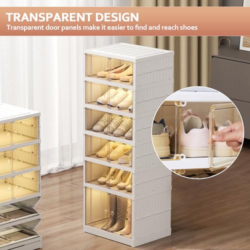 SYNCVIBE Foldable Shoe Rack Organize 6 Tier Plastic Shoe Shelf, 12 Pairs Collapsible Shoes Storage Bins, Large Folding Shoe Boxes for Closet with Doors, Stackable Storage Shoe Cabinet - size: 6 Tiers -12 Pairs