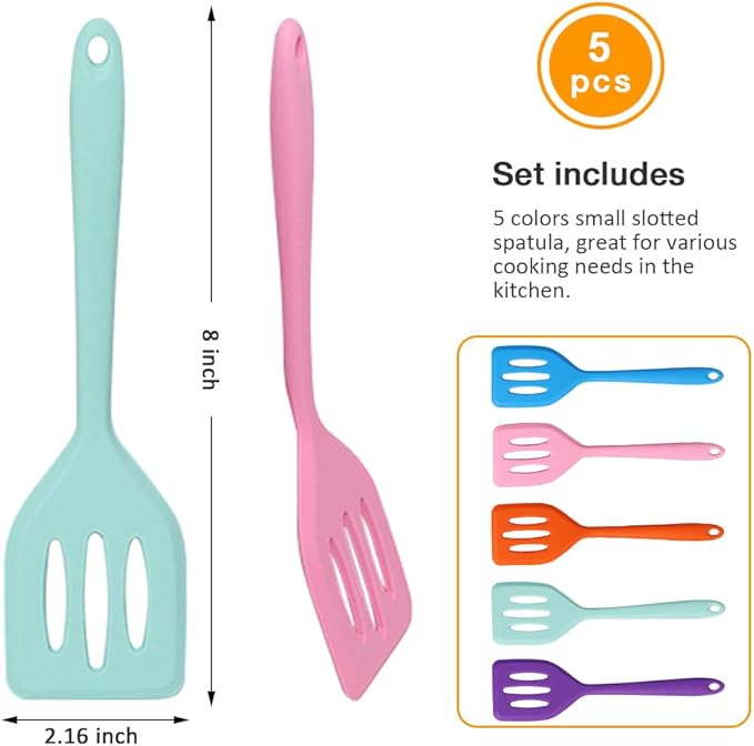 Pharamat 5 Pcs Small Silicone Spatula, Mini Slotted Turner for Egg, Pancake