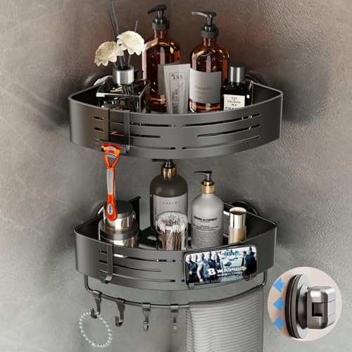 Voldra Corner Shower Caddy Suction Cup, Corner Shower Shelves No Drilling, Aluminum Upgrade Suction Cup Shower Organizer with Towel Bar & Hooks Removable Bathroom Storage Rack(2 Pack, Matte Gray) - style: Suction Cup Triangle-2 Pack-Gray