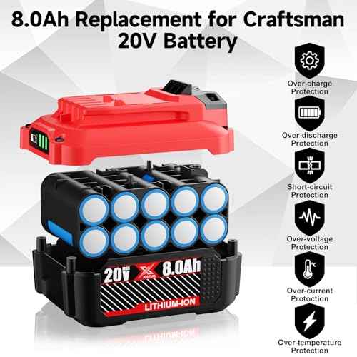 2 Pack Upgrade 20V 8.0Ah Replacement for Craftsman 20V Battery Lithium ion Batteries Replacement for Craftsman V20 Lithium 20V Power Tools CMCB201 CMCB202 CMCB204 CMCB205 CMCB209 CMCS500 (205)