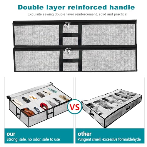Under Bed Shoe Storage Organizer for Closet 2 Pack- Fits 24 Pairs Underbed Shoes Container Boxes, Light Grey - color: Light Grey-24pairs, style: H-Handle