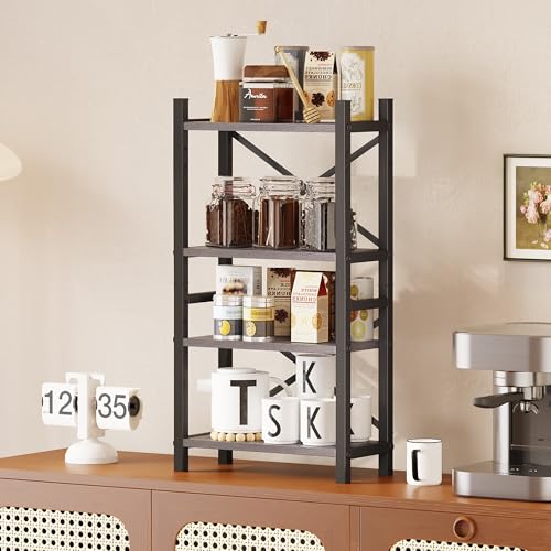 Desktop Bookshelf, 4-Tier Stackable Narrow Bookcase, Adjustable Industrial Desk Organizer & Hutch - Rustic Brown Wood Desktop Book Organizer for Living Room, Bedroom & Home Office - color: Grey