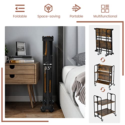 Giantex Foldable Storage Shelves with Wheels, No Assembly 2-Tier Rolling Cart, 2 of The Wheels Have Locks, Microwave Utility Cart Baker Rack, Portable Storage Rack w/Metal Frame, for Kitchen, RV - size: 27'' Tall