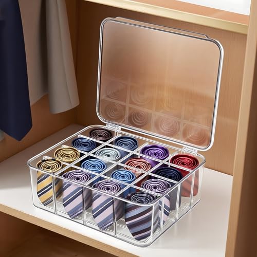 DILIBRA Socks Underwear Drawer Organizer for Closet, 16 Compartment Removable Divided Plastic Clear Sock Storage Box with Lid, Underwear Storage Tie Organizer Box for Bra Socks Ties Scarf Tea Bag