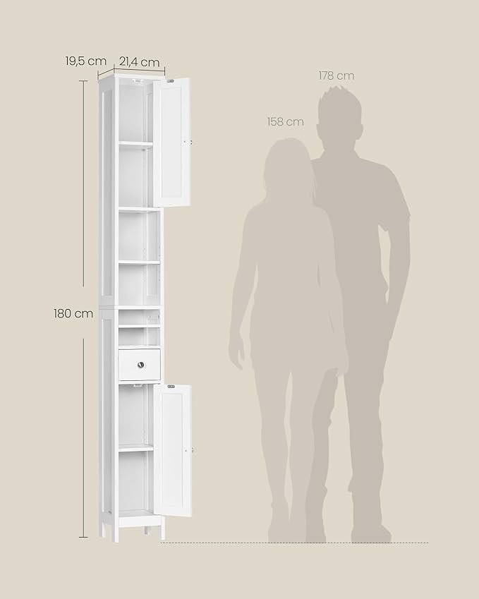 VASAGLE Tall Storage Cabinet, Slim Freestanding Floor Cabinet with Adjustable Shelves, Drawer, Open Compartments, for Small Spaces, Bathroom, Living Room, Modern, Cloud White UBBC765W01