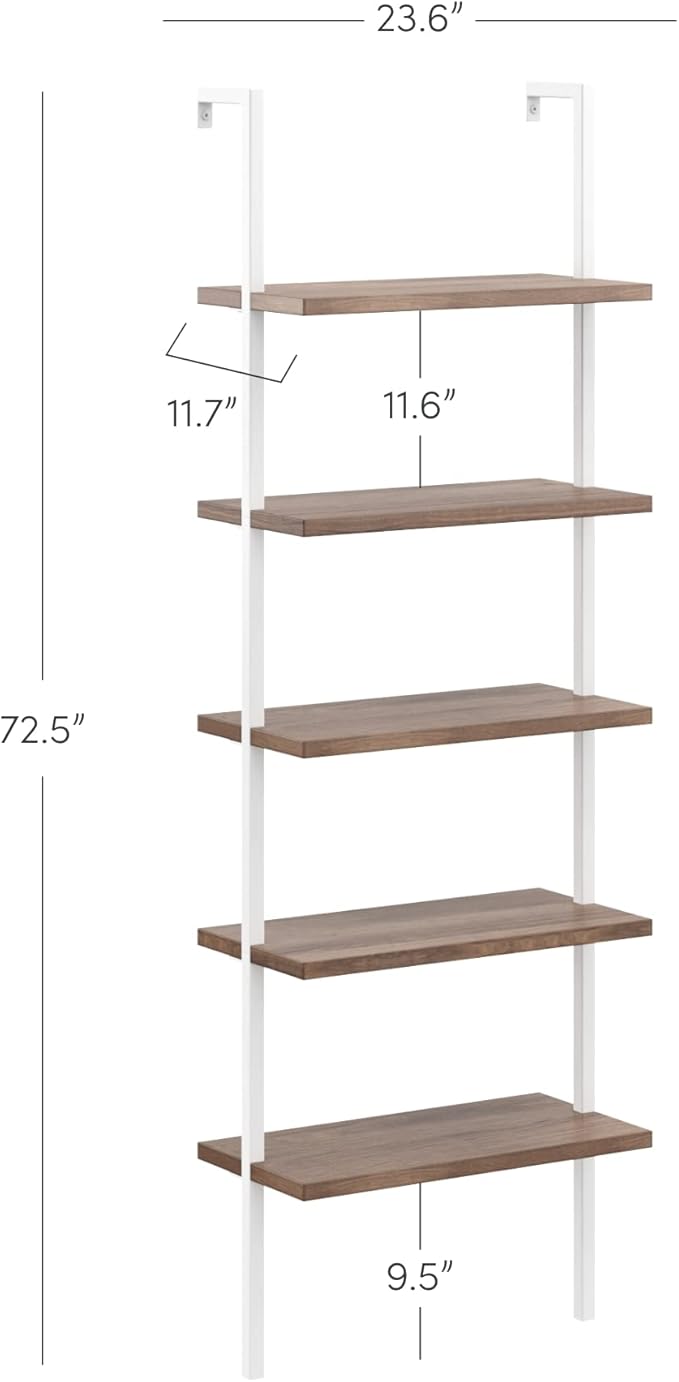 Nathan James Theo 5-Shelf Wood Modern Bookcase, Open Wall Mount Ladder Bookshelf with Industrial Metal Frame, Natural Light Brown/White, Set of 2
