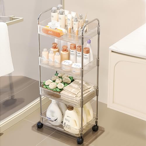 3 Tier Rolling Cart with Hanging Basket, Easy Assembly Acrylic Storage Carts with Lockable Wheels, Utility Cart Storage Organizer Serving for Office, Living Room, Kitchen, Bathroom - style: 3-Tier