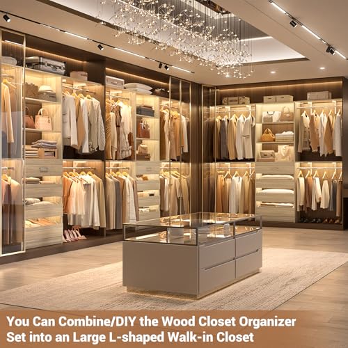 Aheaplus Closet System with Drawers Set of 2, Wood Closet Organizer System with 8 Hanging Rods & Top Shelves, Walk-in Closets Organizer Wardrobe Clothes Rack, Cut Fits Spaces 4-9FT. Wide, White Oak1 - color: White Oak