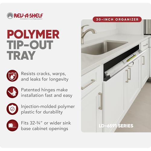 Rev-A-Shelf 30" Tip-Out Plastic Sink Tray for Kitchen and Bathroom Base Cabinets, Large Pullout Vanity Shelf Home Organizer, White, LD-6591-30-11-1 - size: 30.4" x 3.8" x 2.1"