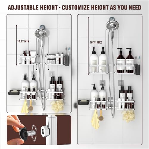 REINHARDT Adjustable Shower Caddy Hanging Rustproof Shower Caddy for Handheld Showerheads, Shower Organizer with Hooks Soap Holder, Anti-Swing Shower Rack Bathroom Accessories, Silver - color: Silver