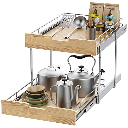 Sikarou Pull Out Cabinet Organizer,Heavy-Duty Slide Out Shelf, Wood and Wire Basket, Pull Out Drawer for for Kitchen Under Sink Space, Pantry, Bathroom, 2 Tie 26 * 21 in - size: 2-TIE 26*21 WM