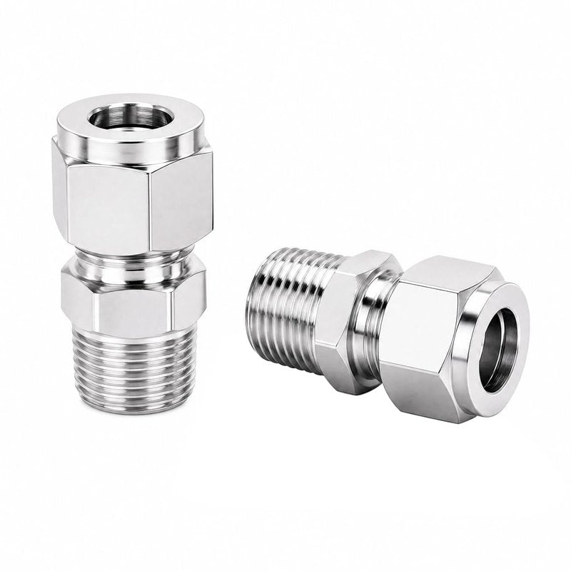 Pysrych 304 Stainless Steel Compression Fitting 1/4" Tube OD x 1/8" NPT Male Coupler Straight Adapter Connect with Double Ferrules Pack of 2