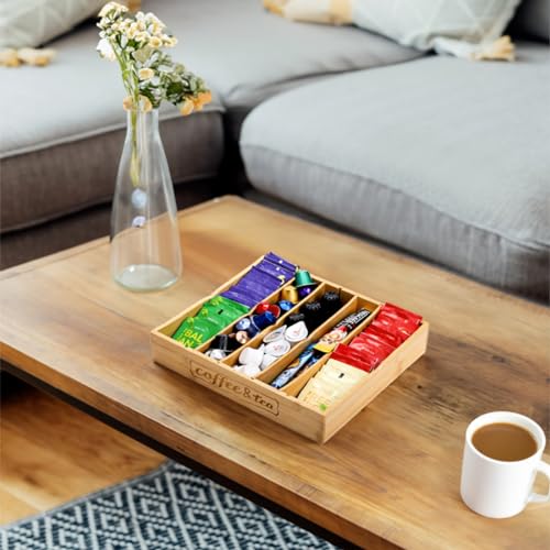 Lyellfe 2 Pack K Cup Holder for Drawers, Bamboo Tea Bag Organizer with Adjustable Dividers, Silverware Utensil Flatware Tray for Coffee Station Home Office, Kitchen