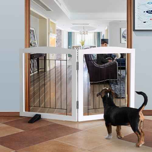 ZJSF Freestanding Dog Fence Indoor, Foldable Dog Gate for Doorways, Stairs or Hallways, Sturdy Wood Extra Wide Pet Gate with Support Feet for The House, White, 24 "Height-2 Panels