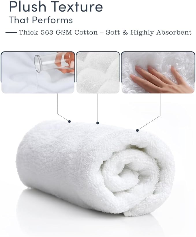 Luxury Hotel-Quality White Towel Set – 6 Pc Oversized Bath Towels & Washcloths, 563 GSM 100% Ring-Spun Cotton, Ultra-Soft Spa Textured, Fast-Drying & Durable – Ideal for Home, Airbnb, Dorm