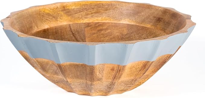 Folkulture Natural Wave Salad Bowl | 11” Large Mango Wood Serving Bowl with Dual Ribbed Design | Wooden Bowl for Salad, Fruit & Pasta | Kitchen Island & Dining Table Décor
